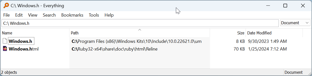 Search box indicating Windows.h path